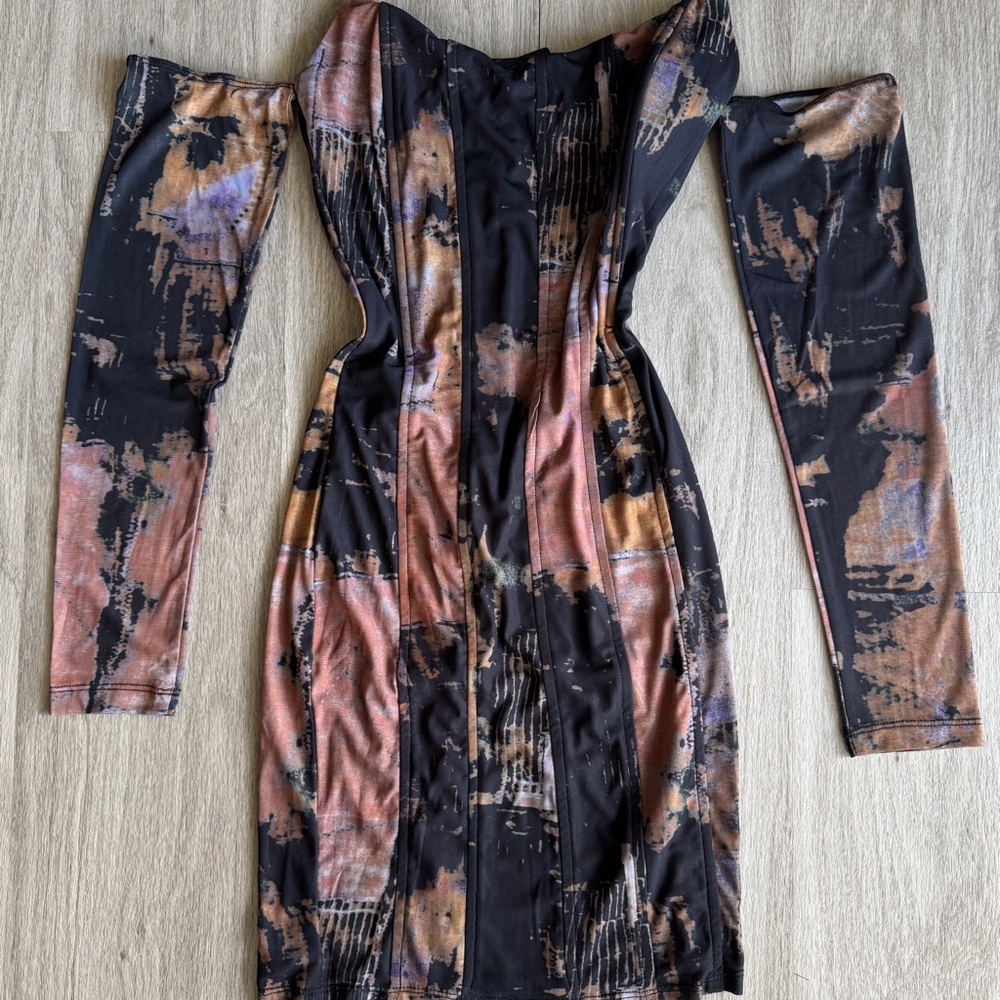 Fashion Nova Off-Shoulder Abstract Print Mini Dress in Black and Brown